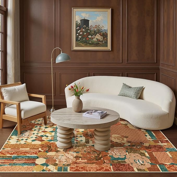 GENIMO 5X7 Floral Area Rugs for Living Room, Machine Washable Non Slip Vintage Patchwork Washable Rug, Ultra-Thin Low Pile Chenille Rugs for Bedroom, Dining Room, Rose Red