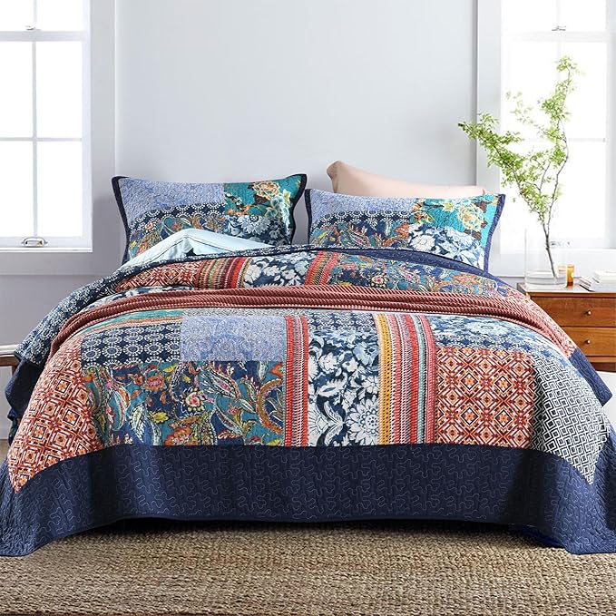 Secgo Twin Size Quilt Size - 100% Cotton Twin Comforter Set Bedding Sets (68 * 86 Inch) with 2 Pillow Shams, Patchwork Reversible Lightweight Bedspread