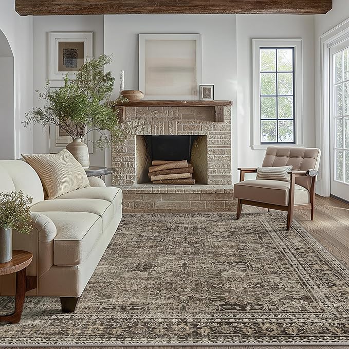 Area Rugs 8x10 for Living Room Bedroom, Vintage Machine Washable Stain Resistant Rug, Large Soft Low Pile Sage Charcoal Foor Mat with Non Slip Backing for Dining Room