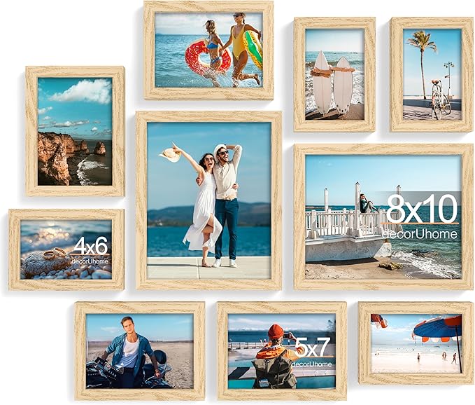 decorUhome Picture Frames Collage Wall Decor for Photo Gallery Display, Assorted Picture Frames set of 10 Including Two 8x10 / Four 5x7 / Four 4x6 for Family Wall Decor, Natural, 10 Pack