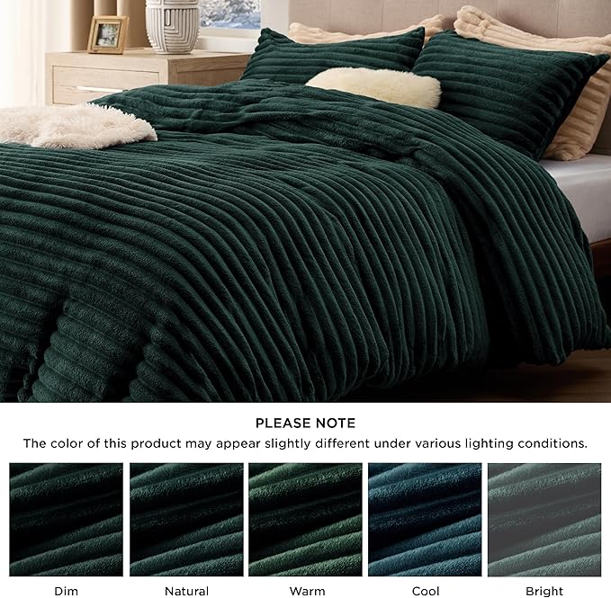 Bedsure Fluffy Duvet Cover Set - Ultra Soft Plush Shaggy Comforter Cover Queen Size, Warm Flannel Fleece Bed Sets for Winter, 3 Pieces (Striped Pattern, Forest Green)