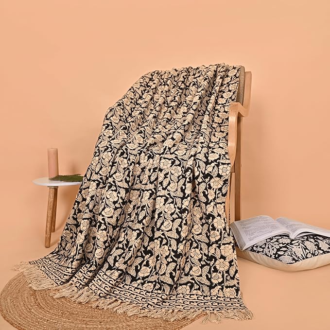 Handmade Cotton Throw Blanket, Floral Block Print, Black and Beige Wrap, 47x71 inches Decorative Woven Throw with Tassels
