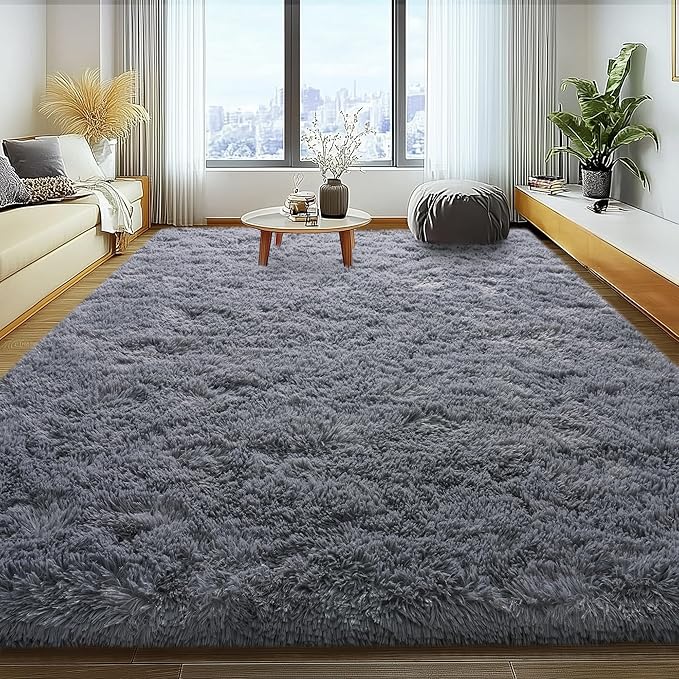 Large 8x10 Area Rugs for Living Room, Dark Grey Soft Shag Rug for Bedroom, Non-Slip Ultra Fluffy Rug, Modern Plush Carpet for Girls Boys Kids Room Dorm, Fuzzy Rug for Home Decor Aesthetic