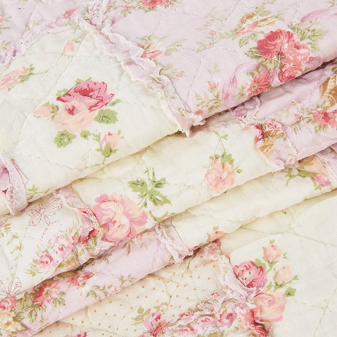Cozyholy Original 100% Cotton Patchwork Quilt Pink Floral Bedspread Coverlet Reversible Vintage Shabby Chic Quilted Throw Blanket Bed Quilt Cover for Couch Sofa