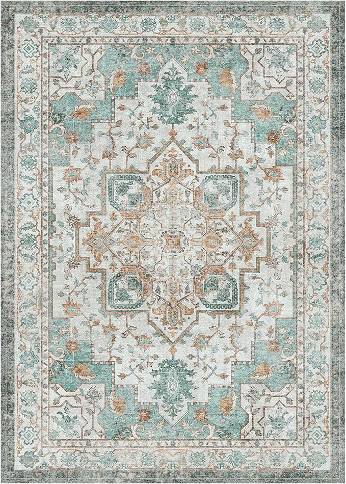 GENIMO 3x5 Area Rugs for Living Room, Machine Washable Non Slip Vintage Rugs, Low Pile Lightweight Chenille Print Rug for Bedroom, Dining Room, Home Office, Cyan