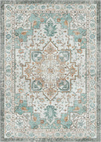 GENIMO 3x5 Area Rugs for Living Room, Machine Washable Non Slip Vintage Rugs, Low Pile Lightweight Chenille Print Rug for Bedroom, Dining Room, Home Office, Cyan