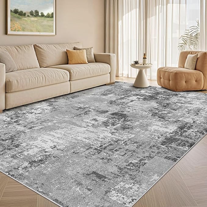 Tortania Washable 7x9 Area Rug for Living Room: Modern Abstract Neutral Large Soft Thin Rugs - Non Slip Indoor Carpet for Bedroom Dining Room Office Nursery Home Floor Decoration - Grey