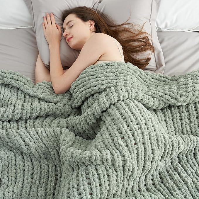 Amélie Home Chunky Knit Throw Blanket for Couch, Soft Chenille Crochet Blanket for Children, 40"x50", Sage Green