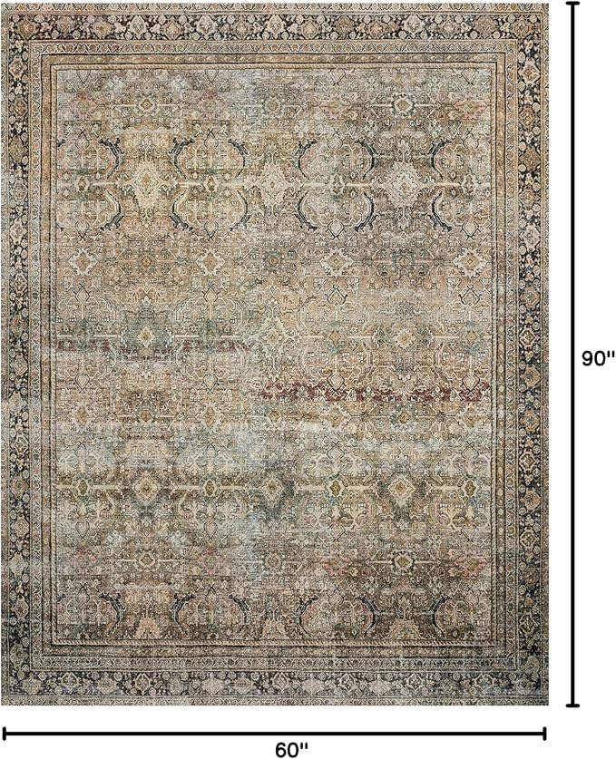 Loloi Layla Collection LAY-03 Olive/Charcoal 5'-0" x 7'-6" .13" Thick Area Rug, Soft, Durable, Vintage Inspired, Distressed, Low Pile, Non-Shedding, Easy Clean, Printed, Living Room Rug