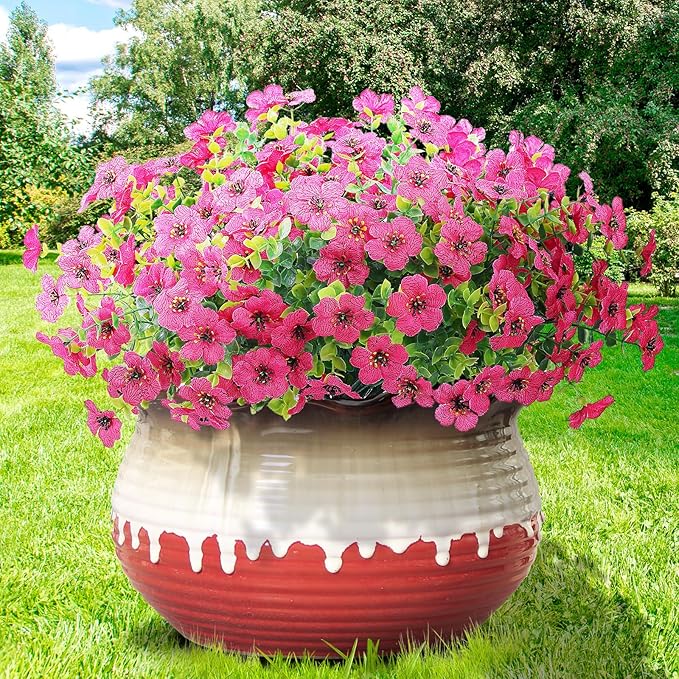 10 Bundles Artificial Faux Flowers for Outdoor,10Pcs Fake Flowers for Home Decor,Plastic Flowers Shrubs Lifelike Artificial Greenery Home Porch Stems Outside Decor(Rose Red)