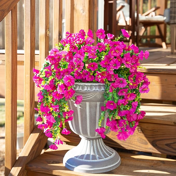 Ivydale 2 PCS Artificial Hanging Flowers Fake Plants Outdoor,Silk Morning Glory Faux Flowers with Eucalyptus Leaves,UV Resistant Realistic Hanging Petunias Plants for Home Garden Decor (Fuchsia)