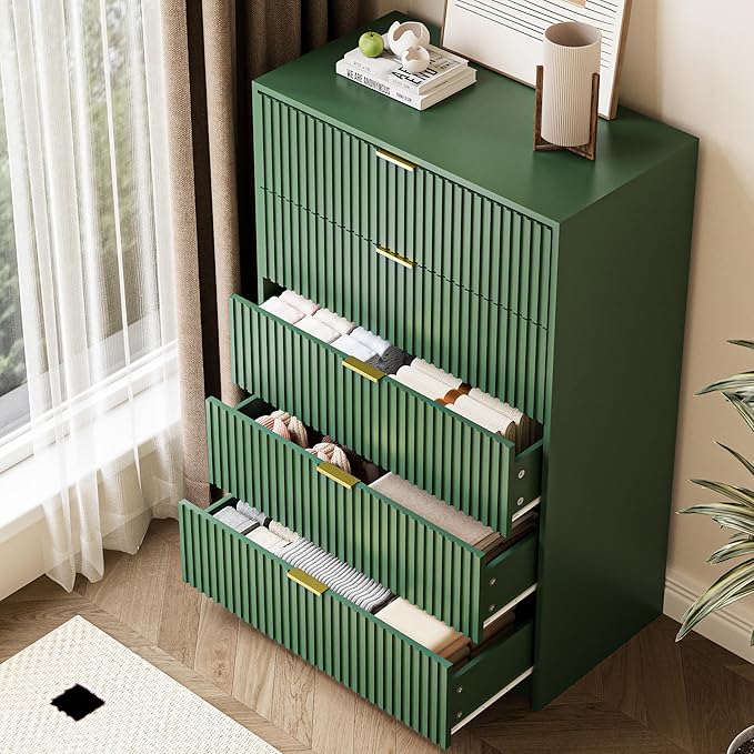 5 Drawer Dresser for Bedroom, Tall Dresser Chest of Drawers with Gold Handles, 32 Inch Wide Nightstand with for Bedroom, Living Rooms, Offices, and Entryways, Green