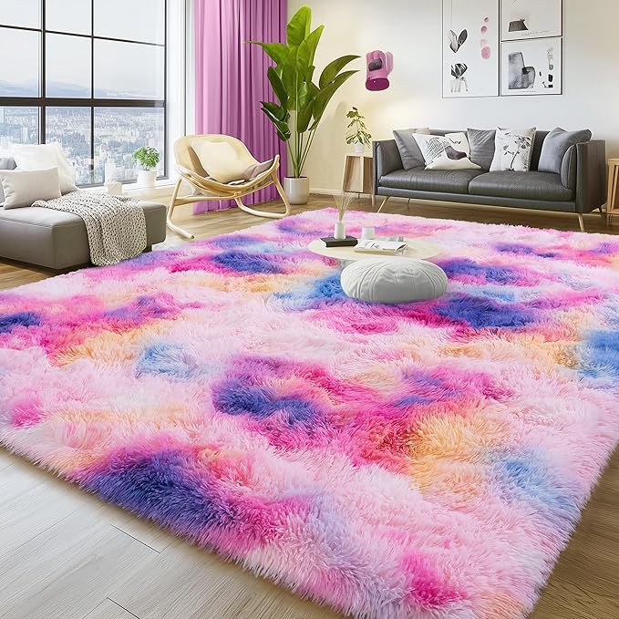 Large 8x10 Area Rugs for Living Room, Dark Rainbow Soft Shag Rug for Bedroom, Non-Slip Ultra Fluffy Rug, Modern Plush Carpet for Girls Boys Kids Room Dorm, Fuzzy Rug for Home Decor Aesthetic