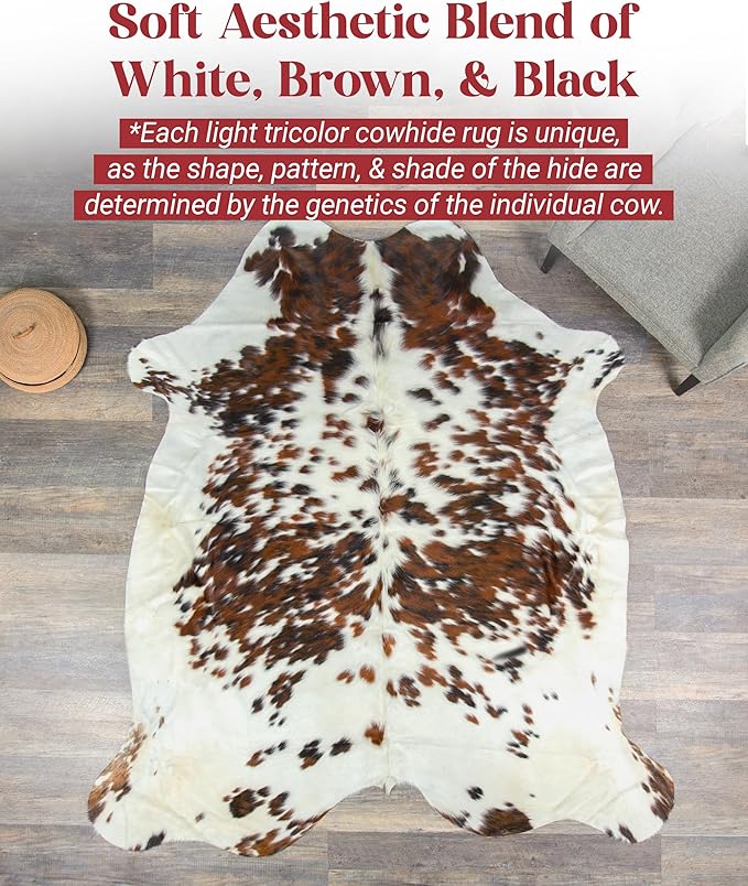 Light Tricolor Cowhide Rug Premium Cowhides Leather with Mixed White, Brown & Black Color Pattern - Natural Cowhide Rug for Office & Home Decor - Cow Hide Rugs 6x7-8 ft