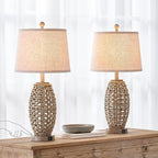 27” Natural Rattan Table Lamps Set of 2,Touch Switch,3-Way Dimmable Bedside Lamps, with A+C USB Charging Ports,Oatmeal Lampshade,Farmhouse Table Lamp for Bedroom, Living Room(2 Bulbs Included)