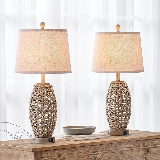 27” Natural Rattan Table Lamps Set of 2,Touch Switch,3-Way Dimmable Bedside Lamps, with A+C USB Charging Ports,Oatmeal Lampshade,Farmhouse Table Lamp for Bedroom, Living Room(2 Bulbs Included)
