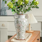 Enra Farmhouse Vintage vase with Handle,12.6 in Ceramic Chinoiserie Floral Vase,Green and Beige Decorative Flower vase,Large Rustic Vases for Home Decors, Living Room, Bookshelf, Office