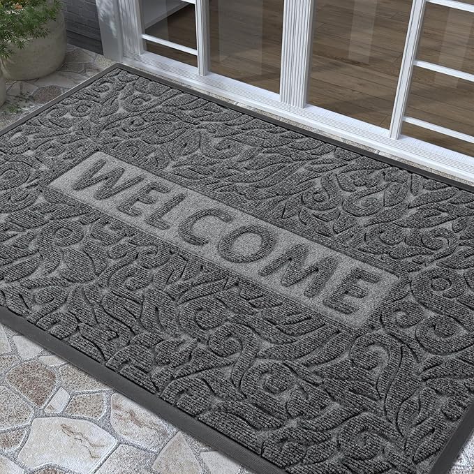 Yimobra Welcome Matt Outdoor 60x36, Waterproof All-Season Front Door Mat, All-Weather Doormat, Sturdy Natural Rubber, Fade Resistant, Low Profile, Easy Clean Patio Porch Entryway Mat, Grey