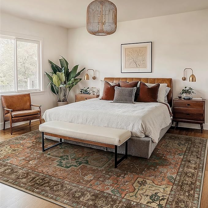 GENIMO 9x12 Area Rugs for Living Room, Non Slip Machine Washable Vintage Rugs, Low Pile Lightweight Chenille Print Large Rug for Bedroom, Dining Room, Home Office, Rosewood