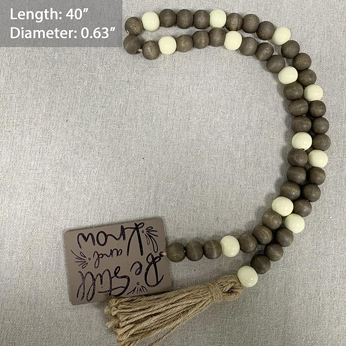40" Handmade Farmhouse Bead Garland Wood with Tassel, Boho Chic Decorative String Beads Home Decor, Table Tiered Tray Country Wooden Accents (Serenity Natural: Be Still and Know, 0.63" Diameter)