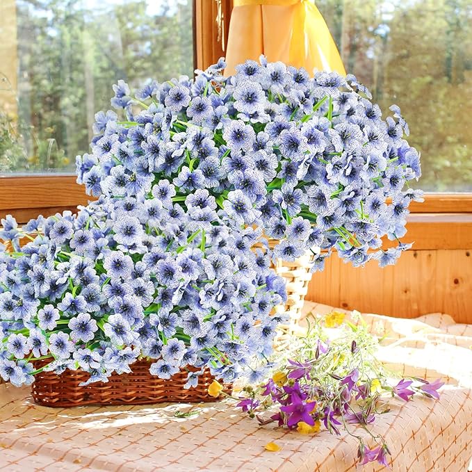 Uieke 72 Bundles Artificial Flowers for Outdoors UV Resistant Fake Flowers No Fade Faux Greenery Plastic Plants for Garden Porch Window Box Home Party Wedding Spring Summer Decor (Blue)