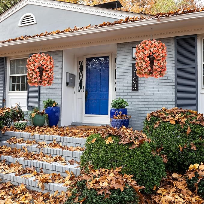 Artificial Fake Fall Hanging Flowers Plants Basket for Outdoor Autumn Decoration, Faux Silk Morning Glory Long Vines Realistic UV Resistant for Outside Home Porch Garden (Fall Orange+Light Orange)