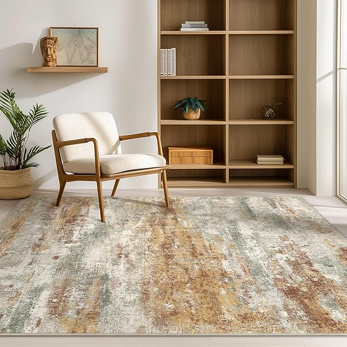 Area Rugs 10x14 for Living Room Bedroom, Modern Abstract Machine Washable Rug, Large Soft Low Pile Floor Cover with Non Slip Backing for Dining Room, Orange Green