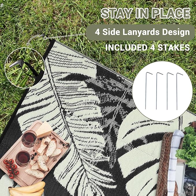 GAOMON Waterproof Plastic Straw Rug 9x12 Outdoor Rug for Patio, Reversible Modern Camping Mat with Bag & Stakes, UV Resistant & Easy to Clean Outdoor Carpet for RV, Deck, Balcony, Beige