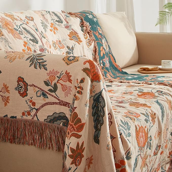 Boho Throw Blanket for Couch Sofa Bed, 100% Cotton Woven Quilt with Tassel 80”x90”, Super Soft Muslin Blanket with Floral Printed, Decorative Reversible Bed Blanket/Cover for All Seasons