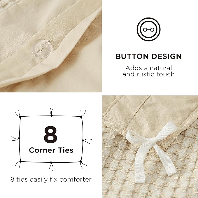 Bedsure Cooling Waffle Duvet Cover Queen - Cotton Blend Rayon Derived from Bamboo Duvet Cover Set for Hot Sleepers, Breathable Bedding Set with a Vintage Charm, 3 Pieces (Beige, Queen, 90"x90")