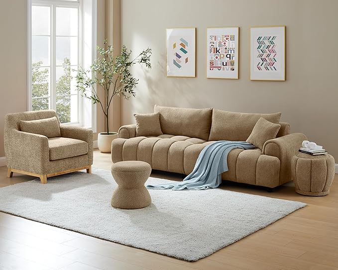 VANOMi Multi-Functional Boucle Ottoman, Vanity Stool Chair, Sturdy Rotating Wooden Footstool, Suitable for Living Room, Bedroom, and Entryway, Without Installation, Swivel, Camel