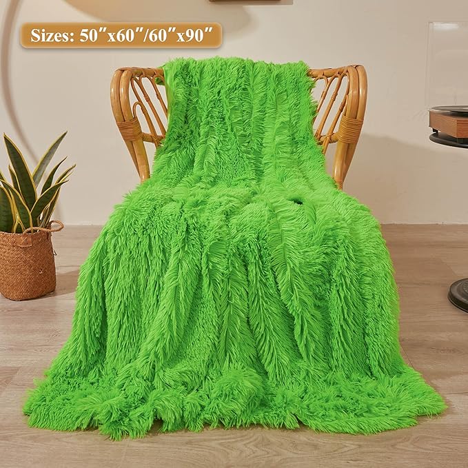 XeGe Luxury Faux Fur Throw, Green Soft 50x60 Fluffy Blanket, Shaggy Plush Decorative Couch Throw, Cute Furry Fuzzy Bed Office Lap Blanket for Bedroom Living Room, Lime Green