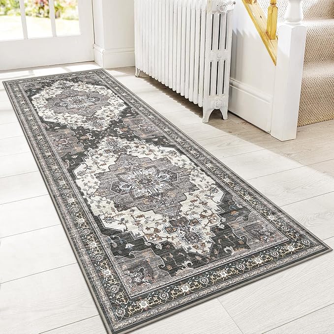 GENIMO 2X7 Hallway Runner Rug, Machine Washable Non Slip Vintage Floral Patchwork Runners, Thin Low Pile Chenille Carpet Runners for Entryway, Kitchen, Bathroom, Bedroom, Slate Gray