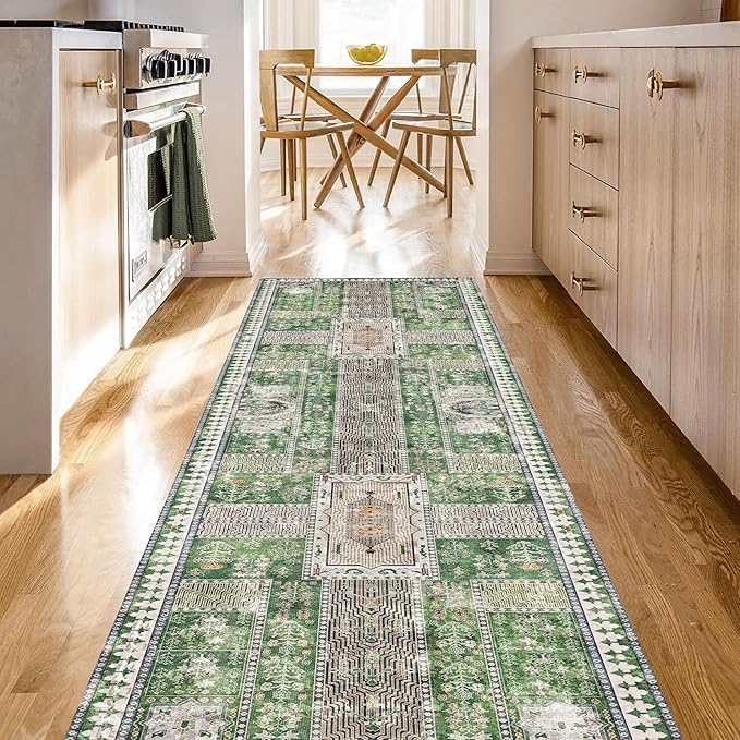 Vintage 2'6'' x 8' Washable Area Rug - Stylish Indoor Rug for Living, Dining or Bedroom - Lightweight Carpet with Non-Slip Backing - Foldable for Easy Placement and Maintenance - Green