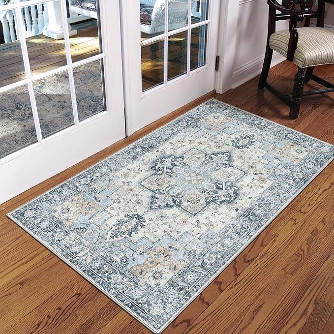 GENIMO Area Rug 2x3 Doormat, Machine Washable Low Pile Vintage Rugs, Small Lightweight Rug Entryway Indoor Mat for Entrance, Hallway, Kitchen and Corridor, Blue