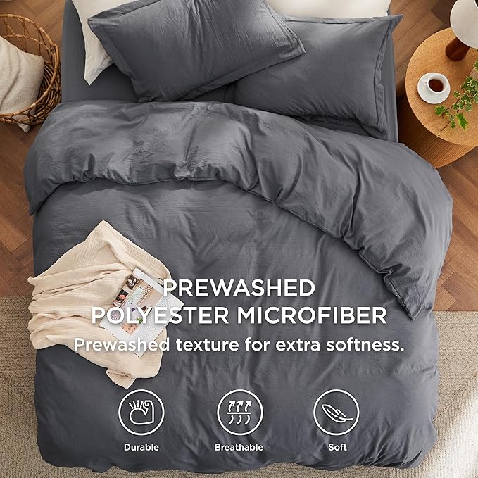Bedsure Duvet Cover King Size with Fitted Sheet - 4 Pieces Prewashed Cotton-Like Extra Soft Bedding Set, Includes 1 Duvet Cover 104x90 Inches, 2 Pillow Shams, 1 Fitted Sheet, Dark Grey