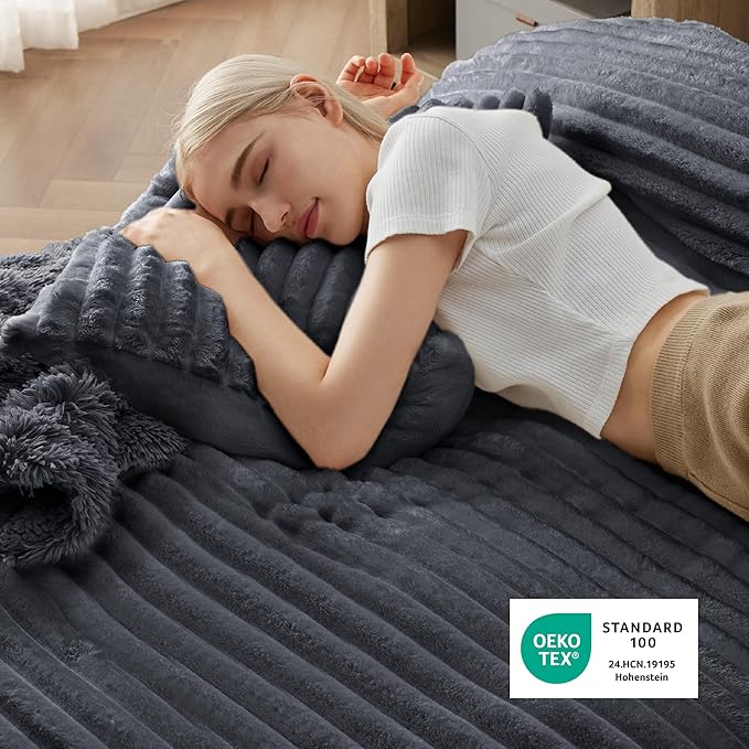 Bedsure Fluffy Duvet Cover Set - Ultra Soft Plush Shaggy Comforter Cover King Size, Warm Flannel Fleece Bed Sets for Winter, 3 Pieces (Striped Pattern, Dark Grey)