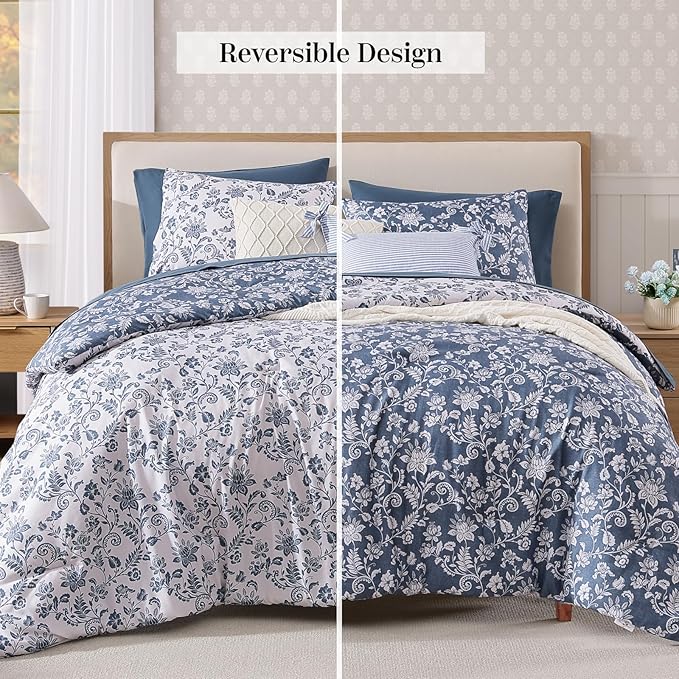 Full Comforter Set -7 Pieces Floral Oxford Blue Comforter Set for All Seasons, Bed in a Bag Full with Botanical Flowers Comforter, Sheets, Pillowcases & Shams