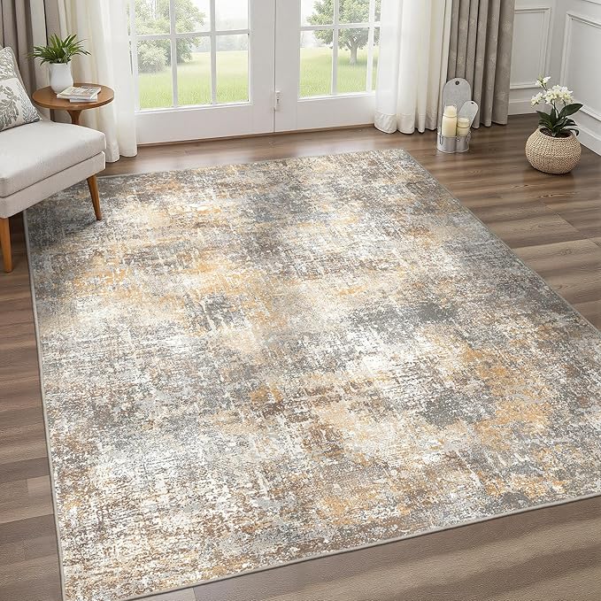 Area Rugs 8x10 for Living Room Bedroom, Modern Abstract Machine Washable Rug, Large Soft Low Pile Floor Cover with Non Slip Backing for Dining Room, Warm Beige Mist