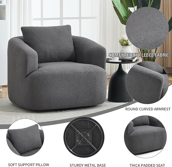 Swivel Accent Chair,360° Rotating Barrel Chair,Teddy Fleece High-Resilience Sponge Single Sofa, Easy Assembly for Living Room, Bedroom, Apartment Dark Grey
