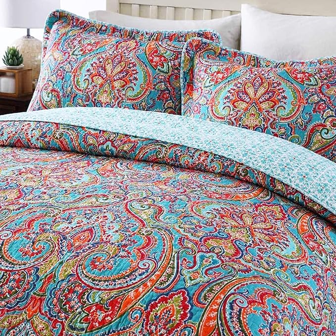 Travan 3-Piece Bedspread Quilt Set Oversized Reversible Quilted Bedding Cotton Coverlet Set with Shams, Gorgeous Floral Pattern, Twin Size