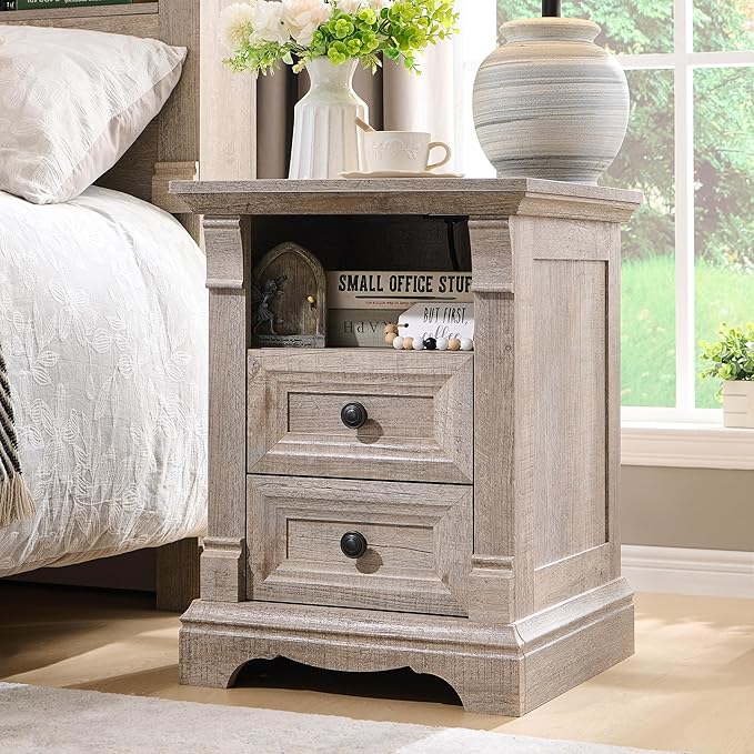 Farmhouse Nightstand with Charging Station, 18" End Table with 2 Drawers Storage and 1 Storage Shelf, Wooden Side Table w/Roman Column, Bedside Cabinet for Bedroom, Living Room, Light Rustic Oak