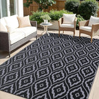 OLANLY Outdoor Rug 8x10 ft Waterproof, Outdoor Plastic Straw Rug with Geometric Pattern Clearance, Reversible RV Mat for Patio, Camping, Balcony, Deck, Backyard, Black & Grey