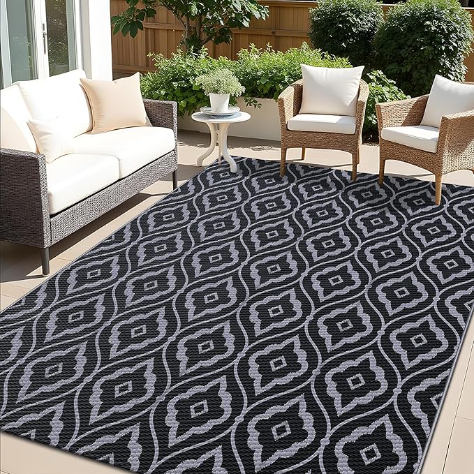 OLANLY Outdoor Rug 9x12 ft Waterproof, Outdoor Plastic Straw Rug with Geometric Pattern Clearance, Reversible RV Mat for Patio, Camping, Balcony, Deck, Backyard, Black & Grey