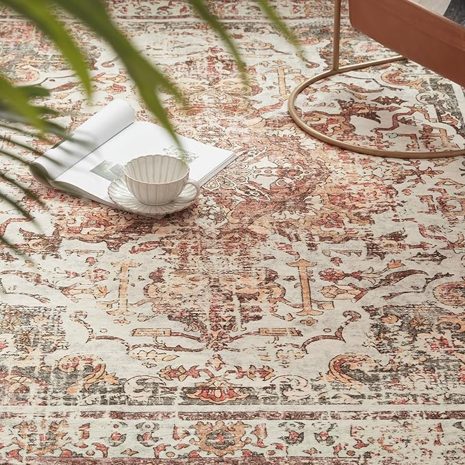 Topllen Washable Area Rug - Area Rug 6'x9' Boho Soft Living Room Rug, Non-Slip Large Area Rugs Indoor for Dining Room Livingroom Bedroom, Vintage Rug (Khaki, 6x9ft)