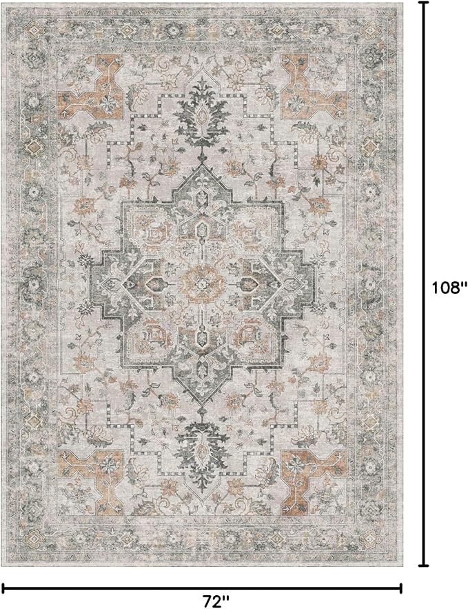 GENIMO 6x9 Area Rugs for Living Room, Machine Washable Low Pile Rugs, Chenille Non Alip Vintage Rug for Bedroom, Dining Room, Home Office, Light Taupe Brown