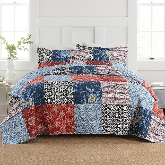 Secgo California King Comforter Set for Bed - 100% Cotton Quilts Cal King Size, Black Bedspreads (120 * 110 Inch) with 2 Pillow Shams, Patchwork Reversible Lightweight Bedding