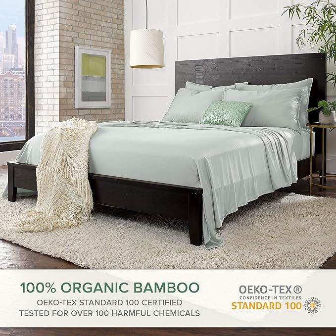 Short Queen Sheets by Pure Bamboo for RV Camper (60"x75") - Genuine 100% Organic Viscose Derived from Bamboo Bed Sheet Set, Soft & Cooling, Lifetime Quality Promise (Short Queen, Sea Glass)