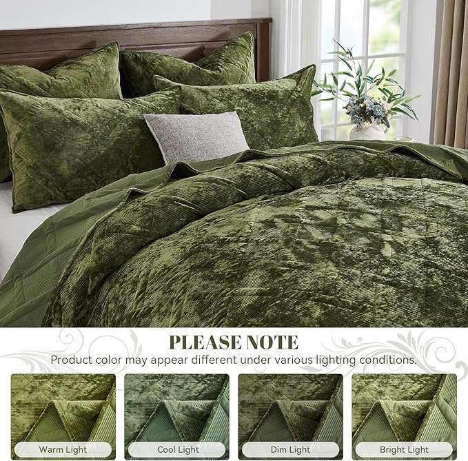 Qucover Olive Green Oversized Queen Velvet Quilt and Sham Set, Luxury Velvet Quilt Queen Bedspread Coverlet, Ultra Soft Winter Comforter Bedding Set for All Seasons