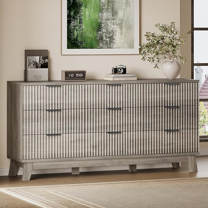 63" Long Dresser for Bedroom, 9-Drawer Fluted Dresser, Extra-Wide Wood Chest of Drawers with Smooth Metal Slides, Stable Base, Modern Clothes Storage Cabinet for Living Room, Hallway, Nursery